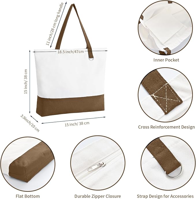 1 Pack Canvas Tote Bag with Zipper, Large Reusable Grocery Tote, Khaki | Blank bag, washable, inner pocket, flat bottom, sturdy handle, for sublimation DIY/transfer, travel/beach/Christmas crafts - Image 3