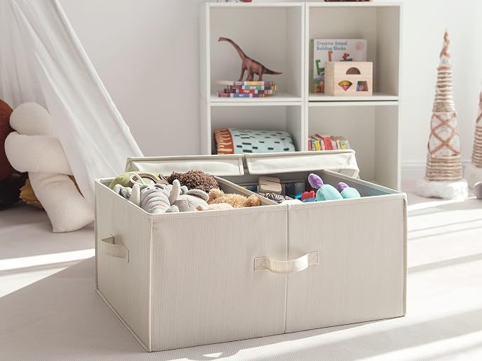 StorageWorks Extra Large Storage Bins with Lids, 55L Decorative Storage Bins with Double-Open Lid and Divider Board, Fabric Bins with Handles, Mixing of Beige, White & Ivory, 2-Pack - Image 6