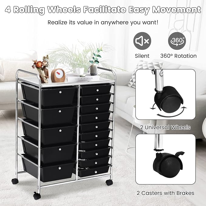 DREAMADE Rolling Cart with 15 Drawers, Clear Plastic Drawer Organizer w/Lockable Wheels, Removable & 2-Sized Storage Drawers, Art Cart for School Home Art Supplies Crafts File Scrapbook (Black) - Image 5