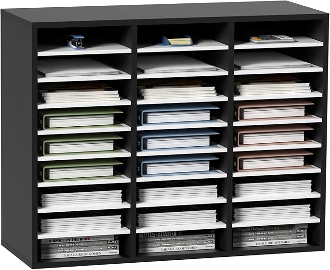 VEVOR 27 Compartments Wood Literature Organizer, Adjustable Shelves, Medium Density Fiberboard Mail Center, Office Home School Storage for Files, Documents, Papers, Magazines, Black+White by VEVOR