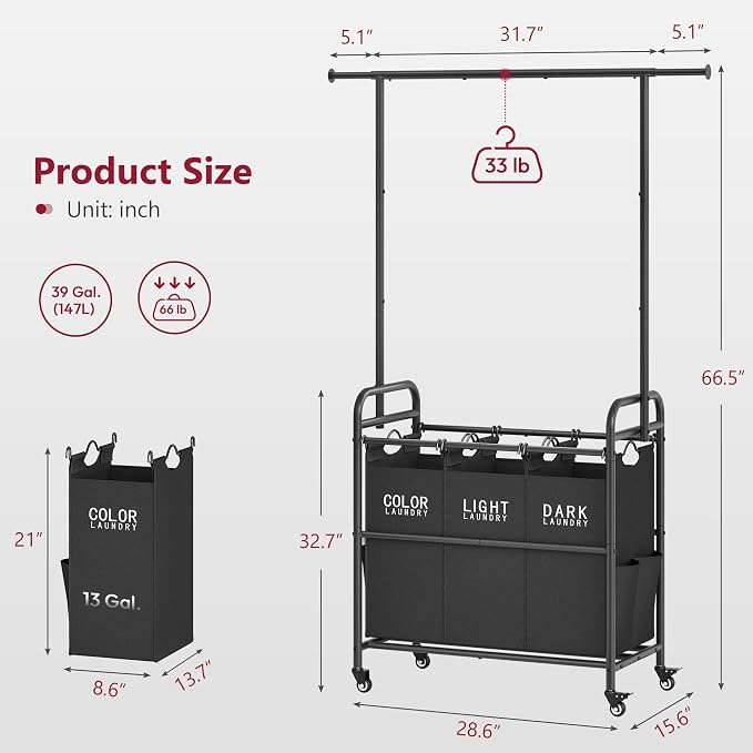 Laundry Sorter with Hanging Bar, 3 Section Laundry Hamper, Black | 39 Gal Laundry Sorter with Hanging Rod and Removable Bags, Divided Laundry Basket Organizer for Bedroom, Bathroom, Home - Image 7