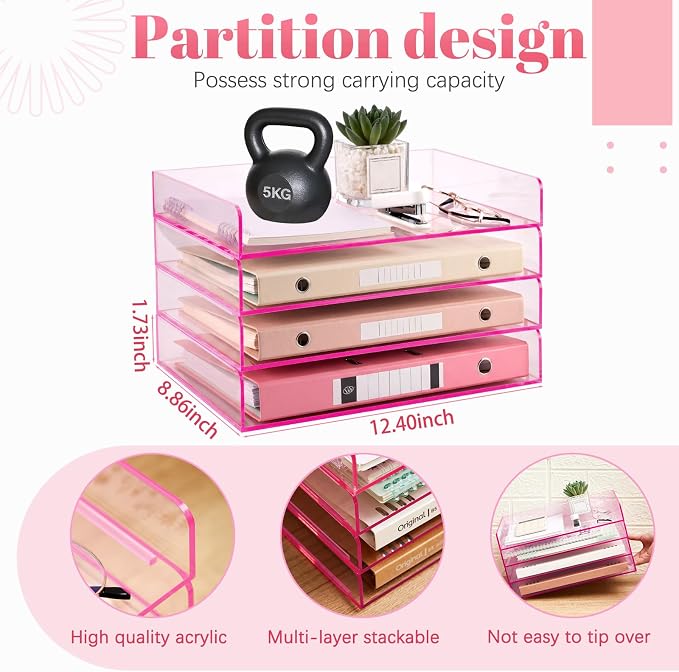 Harloon 4 Tier Clear Hot Pink Acrylic Paper Organizer Letter Tray, Aesthetic Stackable Low Profile Desk File Organizer Modern Heavy Duty Paper Holder Tray for A4, Office Home File Pad Books Notes - Image 2