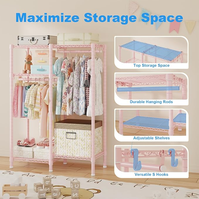 F1 Clothes Rack for Kids, Baby, Students, and Children's Room, 4 Tiers Portable Metal Closet Clothing Rack, Small Garment Rack with 2 Hanging Rod, 31.2" W x 11.8" D x 48" H, Pink | Clothing Rack for Baby and Children's Room, Small Freestanding Clothes ... - Image 5