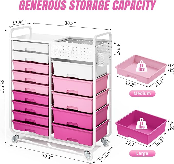 14 Drawer Rolling Storage Cart with Tabletop and Pegboard for Crafts Pink | Easy Setup, Large Capacity, Sturdy Build, Smooth Mobility, For classroom, office and dorm supplies - Image 3
