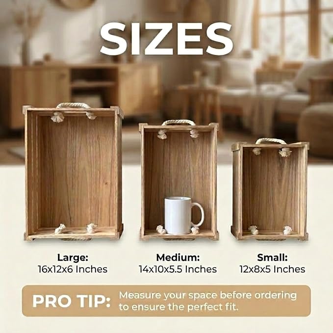 Set of 3 Natural Wood Crates with Rope Handles, Nesting Decor Storage Boxes | Rustic Farmhouse Organizer for Kitchen, Living Room, Bathroom, or Pantry. Nesting Design Keeps Shelves Tidy. - Image 2
