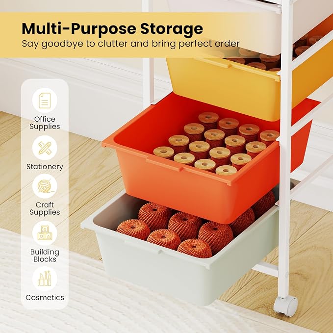 Rolling Storage Cart with 4 Drawers, Plastic Craft Organizer on Wheels with Wooden Top, Mobile Art Supply Utility Cart for Classroom, Home, Office - Image 4