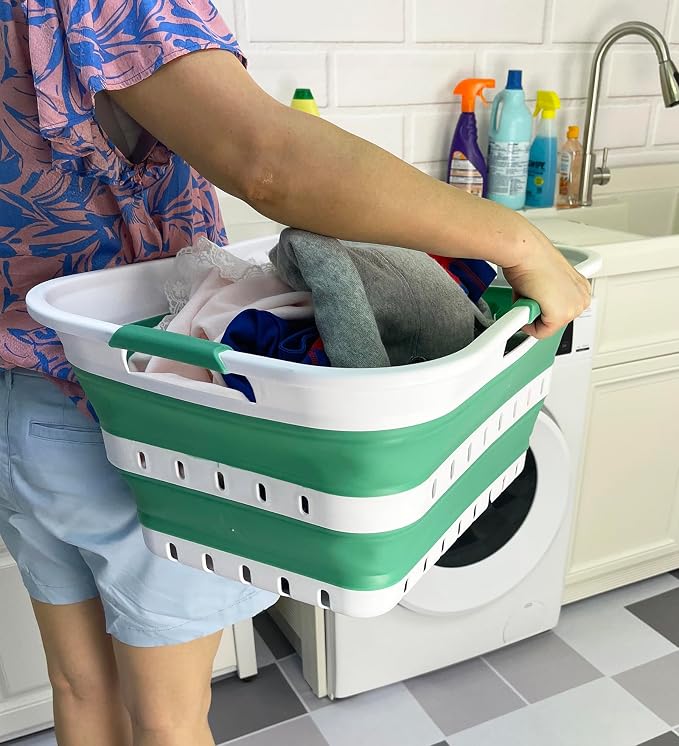 SAMMART 42 (11 Gallons) Collapsible Plastic Laundry Basket, Foldable Pop Up Storage Container/Organizer, Space Saving Hamper, Portable Bin for Dorm Room Bathroom (2, White/Winter Green) - Image 5