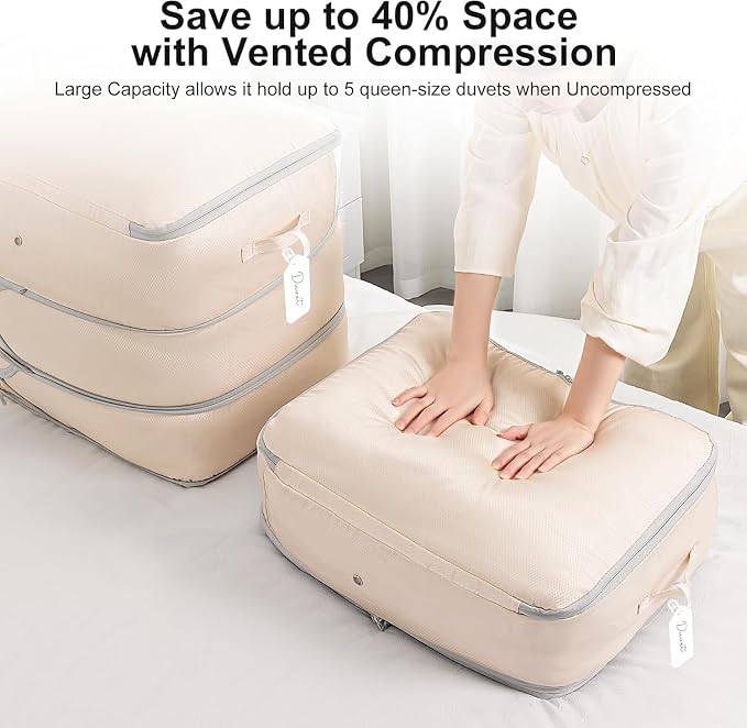 DIMJ Comforter Storage Bag - Large Capacity Ultra Space Saving Self Compression Organize for Duvet, Pillow, Bedding, Blanket Storage Organizer Nylon Compression Bags, Beige, 4 Pack - Image 2