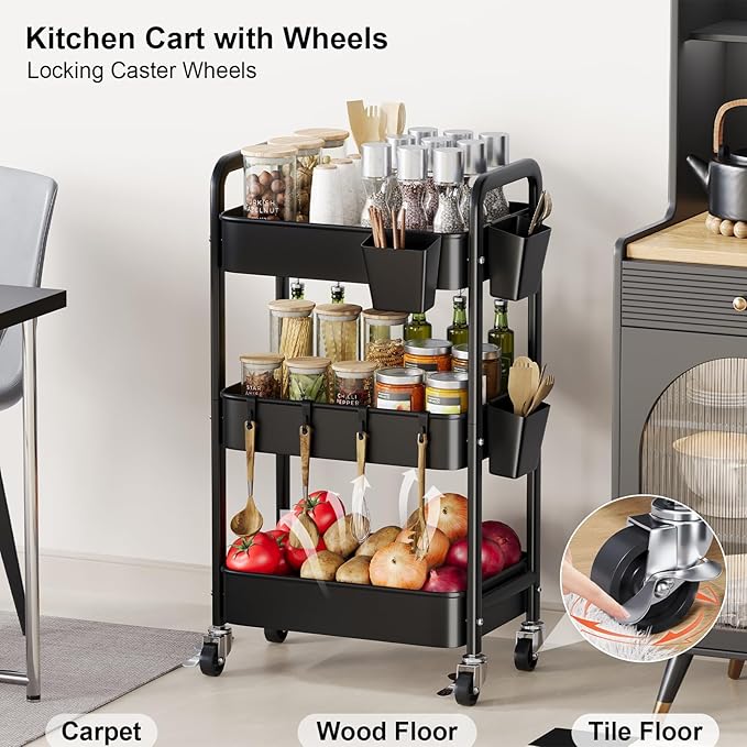 3 Tier Rolling Cart with Lockable Wheels, Metal Diaper Caddy Cart Organizer for Baby Essentials, Black Storage Utility Cart for Craft, Snack, Rolling Carts with Wheels for Lash Techs, Art, Bathroom - Image 6