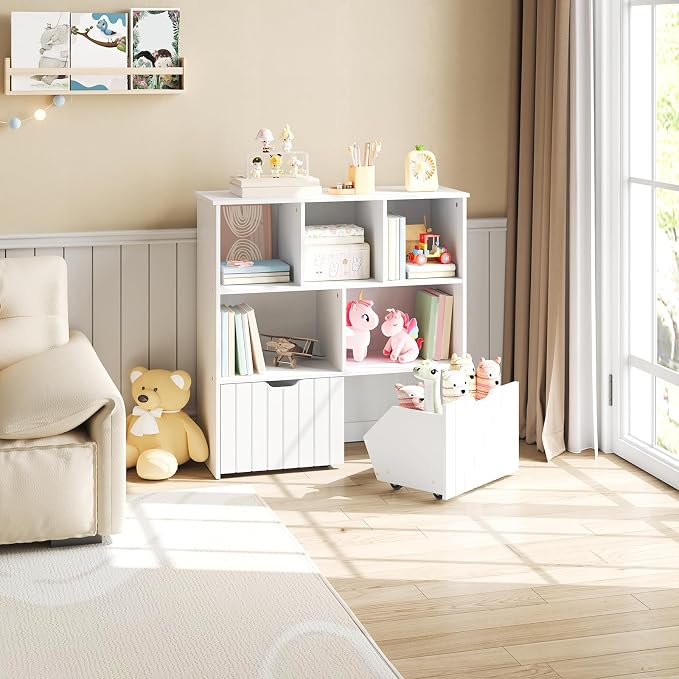 HOOBRO Toy Storage Organizer, Toy Organizers and Storage with 2 Movable Drawers and 5 Cubbies, Toy Chest Shelf for Books or Dolls, Kids Bookshelf and Toy Storage for Playroom, White WT88CW01 - Image 5