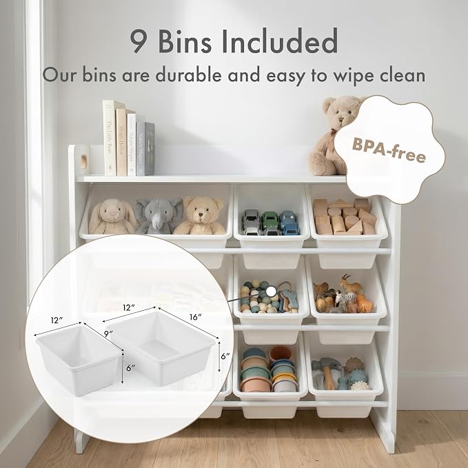 Humble Crew Kids Toy Organizer with Display Shelf, 9 Bins, 3 Tier Storage | Sturdy wood and steel toddler shelf, removable BPA-free containers, wall anchor anti-tip safety kit for bedroom or classroom - Image 4