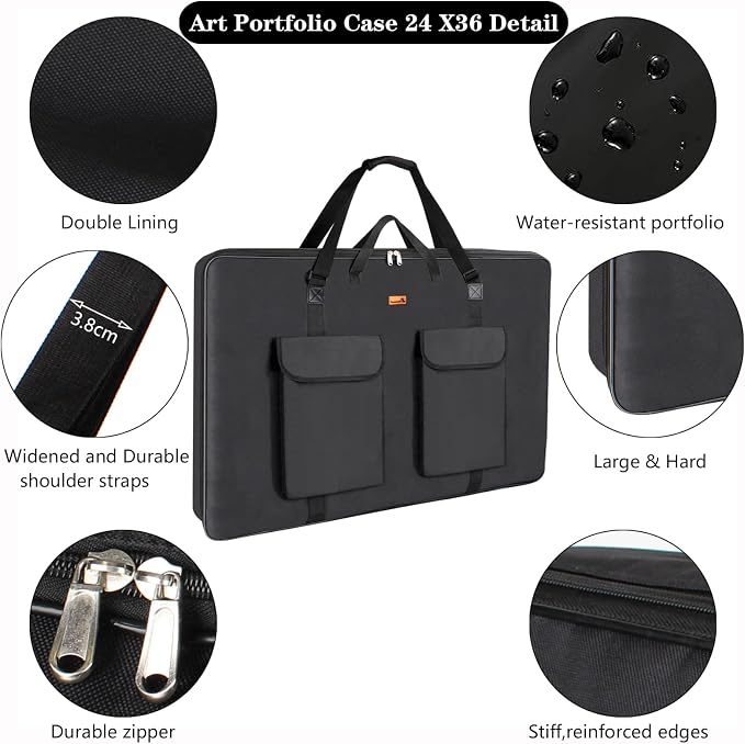 TreochtFUN Art Portfolio Case 24 X 36, Portfolio Bag Soft Water Resistant | Large Art Carrying Case with Tote & Strap,A1 Folder for Artwork Storage for Large Poster Board Drawing Supplies (black) - Image 4