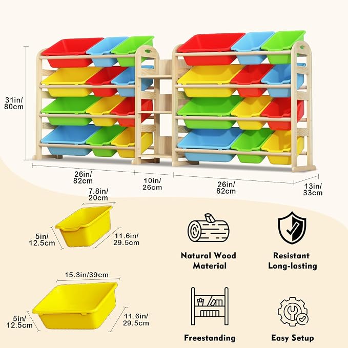 Large Wooden Toy Storage Organizer, 62" W Colorful 3-Shelf Bookcase/Bookshelf with 24 Toy Bins, Large Toy Organizers and Storage, Toy Box for Playrooms, Bedrooms Organization - Image 2