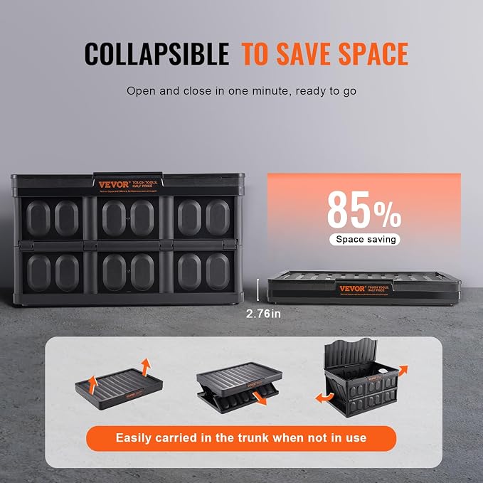 VEVOR 65L Collapsible Storage Bins with Lids 3 Packs, Stackable Utility Crates with Handles, Large Folding Containers for Organizing Tools, Books, Food, Drinks, Camping&Transport | For Organizing Tools, Books, Food, Drinks, Camping&Transport, Large Hea... - Image 3