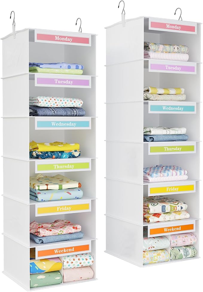 Lifewit 6 Shelf Weekly Clothes Storage Organizer for Kids, 2 Pack, Gray | Closet Storage with Color Labels for School Outfits, Daily Clothing Divider with Days of The Week Monday to Friday Weekend by Lifewit