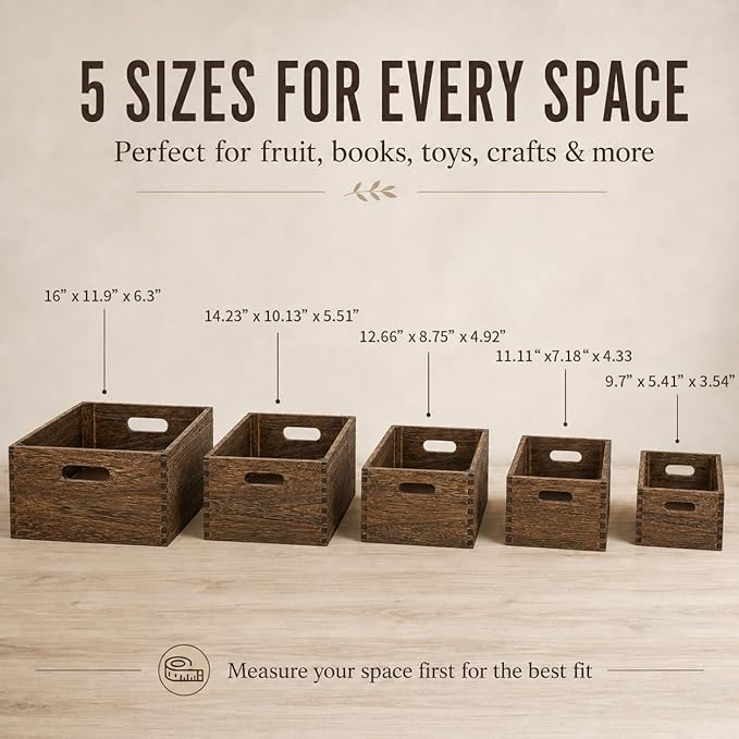 5 Pack Wooden Crates for Display Nesting Wood Crate for Storage with Handle | Pure natural wood, Sturdy & long-lasting, No assembly needed, Rustic Farmhouse, 5 Size for Fruits Vegetables, Herb garden - Image 3