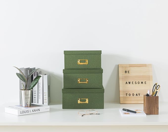 Soul & Lane - Green Decorative Memory Storage Boxes with Lids, Set of 3 | Square Stacking Kraft Photo Storage with Gold Label Holders, Large Nesting Cardboard Boxes for Office, Crafts and Paper - Image 2
