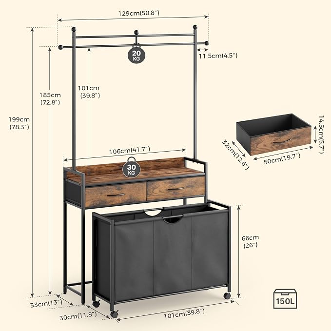 Mondeer 150L Laundry Sorter with Hanging Rack, 3 Compartments, 2 Drawers | Shelf, Wheels, Pull-Out Laundry Hamper for Bathroom Bedroom, Rustic Brown and Black - Image 6