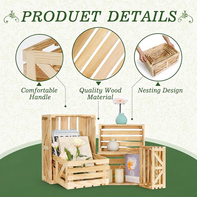 5 Pcs Wooden Crates for Display, Nesting Wood Crate for Storage, 5 Size | Farmhouse Weddings Wooden Basket for Storage Container and Decorations, Rustic Wood Crates for Farmers Market, Birthday, DIY - Image 3