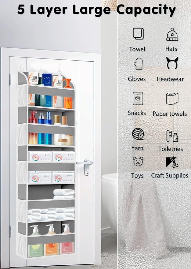 TAHAVICE 1 Pack Over The Door Storage Organizer with 5 Large Pockets | 44 lbs Weight Capacity Door Hanging Organizers with 10 Mesh Pockets for Bedroom,Bathroom,Nursery,Kidroom(Light Gray) - Image 5