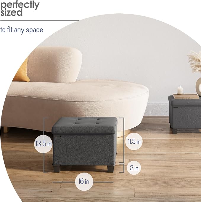 Storage Ottoman Cube with Small Bin, 16-in Square Ottoman with Storage for Living Room and Bedroom, Small Ottomans Foot Rest, Fabric Foot Stools Ottomans Max 330lbs, Grey - Image 8