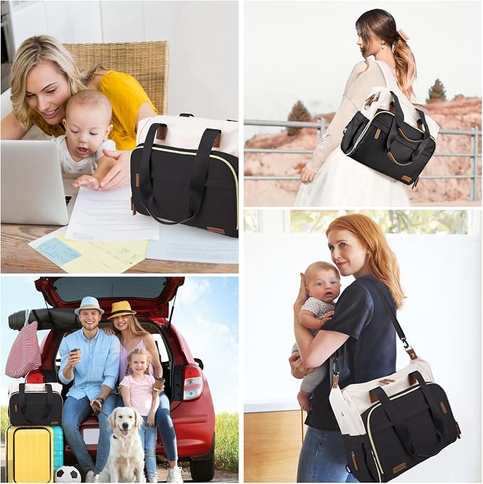 Diaper Bag Backpack Mommy Bag Large Capacity Diaper Backpack Travel Essential Baby Diaper Bag for Mom and Dad, Black (Black & Creamy-White) - Image 8