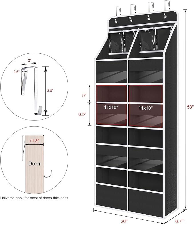 Univivi Upgraded Over the Door Organizer for Baby Nursery, Black, 5-Shelf | Fabric Door Organizer with Clear Window Deep Pockets, Over Door Hanging Organizer for Baby Essential, Bedroom, and Dorm - Image 3