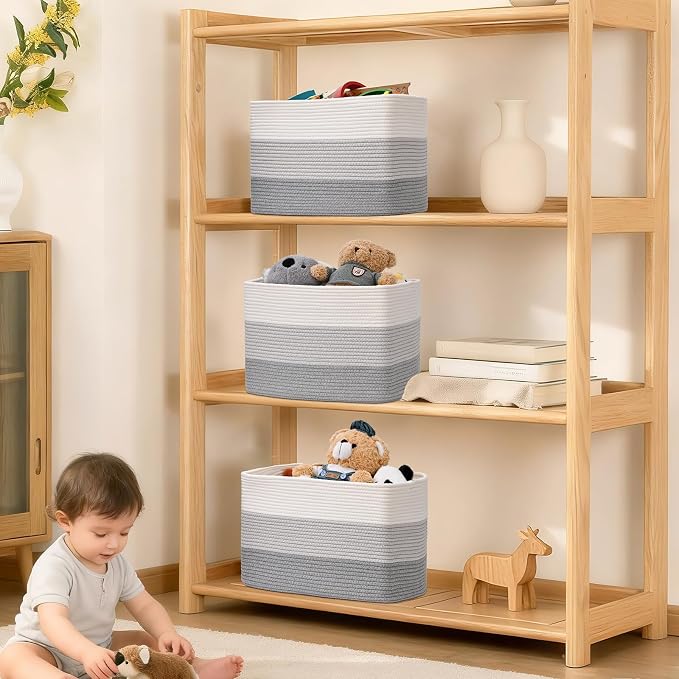 3 Pack Cube Storage Bin, 17”x12”x12” Cotton Rope Woven Baskets for Organizing Toys Clothes Towels, Square Gift Storage Baskets for Shelves, Nursery, Closet, Bathroom, Pantry (Gradient Grey) - Image 7