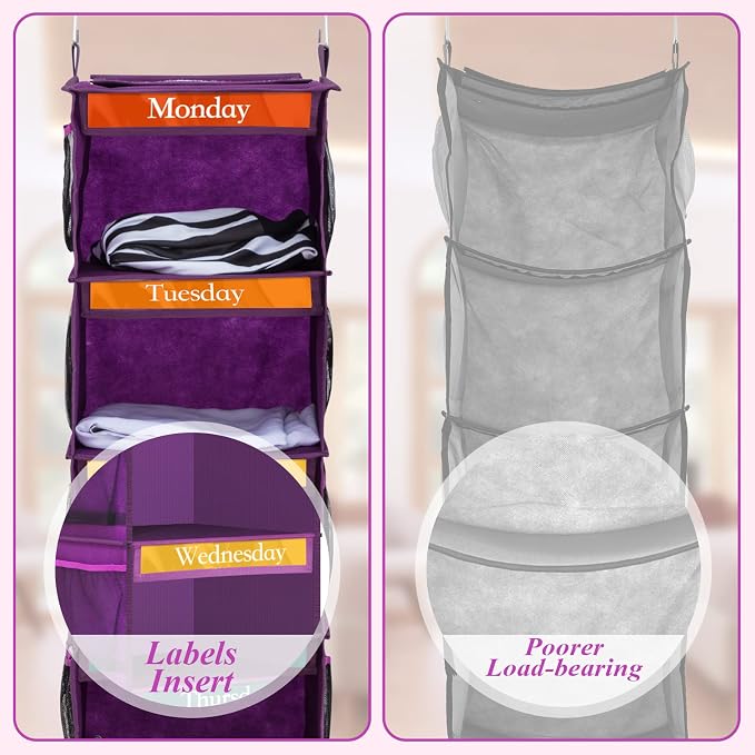 2 Pcs 6 Shelf Hanging Weekly Clothes Organizer for Kid,Purple | Closet Organization, Hanging Closet Shelves with Side Pockets, Labeled Shelves with Days of The Week Monday Through Weekend - Image 6