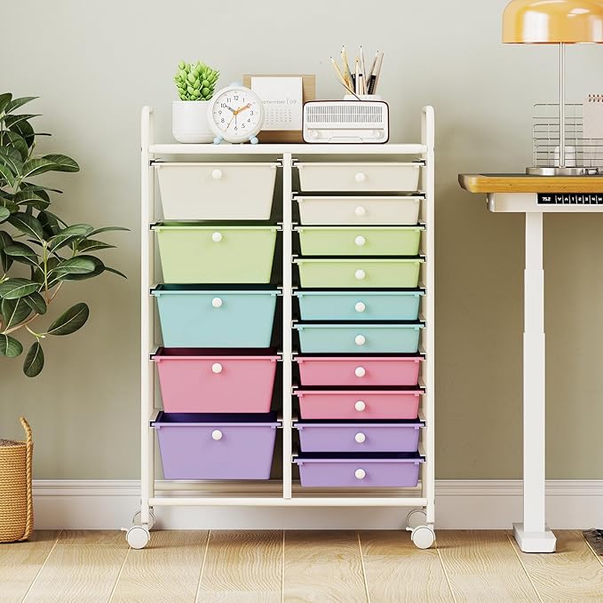 RELAX4LIFE 15 Drawer Rolling Storage Cart, Classroom Organization for School Teacher Office, Mobile Craft Art Supply Organizer, Utility Carts on Wheels for Paper Tools Scrapbook (Ice Cream Multicolor) - Image 8