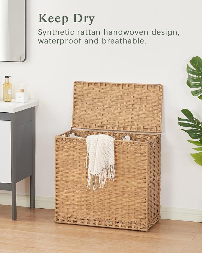 SETVSON Laundry Hamper with Lid Laundry Basket 132 L PE Rattan Natural | Decorative PE Rattan Furniture Look for Bedroom, Large Sorting Hamper with Lid, 4 Liners, 6 Mesh Bags, Steel Frame - Image 2