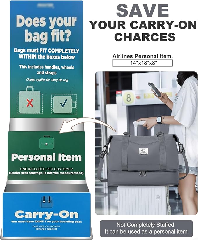 Travel Duffel Weekender Bag Women Tote Carry On Bags With Shoe Compartment | 18x14x8 inches Travel Overnight Bags with Trolley Sleeve for Airplanes Sport Tote Gym for Men Lightweight Daypack Grey - Image 2