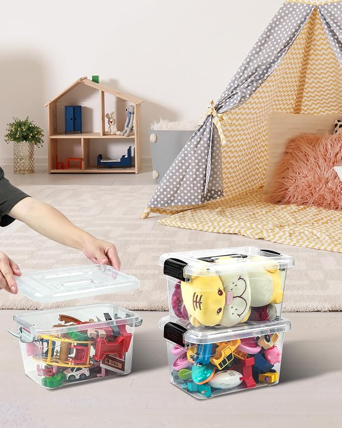 EOENVIVS Plastic Storage Bins 7 Quart-Storage Organizer Bins with Grey Buckle Lids, Stackable Storage Bins with Lids for Home Office Kids Room Closet School Art Supplies Organization,6 Packs, Clear - Image 7