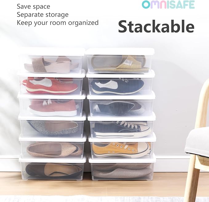 6 Quart Stackable Plastic Storage Shoebox, BPA-Free Nestable Container with Latching Lid to Organize Shoes, See-Through Box for Home and Office, Multi-Purpose Clear Bins (White, 8 Pack) - Image 3
