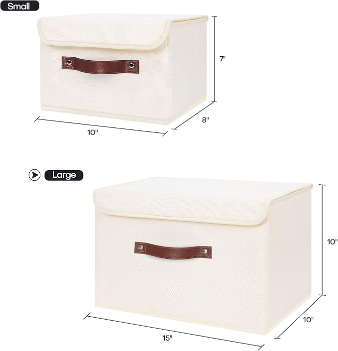 ANMINY Fabric Storage Box Bins with Lids, Beige, 15"x10"x10" | Keepsake Memory Storage, Cotton Linen, PP Board Reinforced, Washable, PU Handles, Foldable & Stackable, Decorative, Large - Image 5