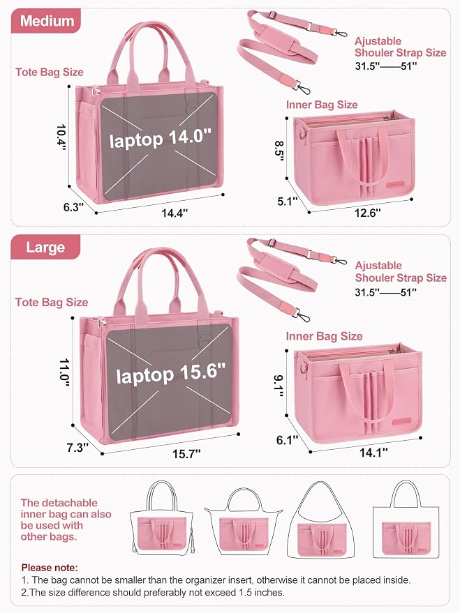 BESBESME Women’s Canvas Tote Bag with Zipper and Compartments – Multi-Pocket Laptop Work Crossbody Shoulder Tote Purse - Image 4