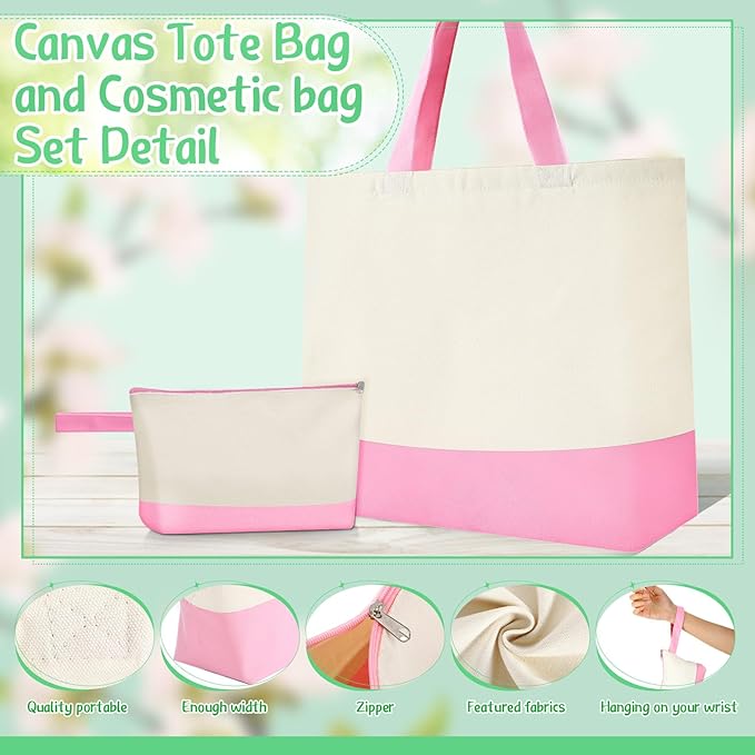 Sanwuta 30 Pcs Canvas Tote Bags Bulk with Zipper Cosmetic Pouch,Pink | 18.5" Reusable Cotton Shopping Bag with Handle for DIY Craft - Image 4