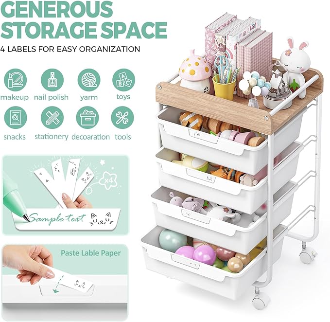SYKIARIOL Rolling Storage Utility Cart with 4 Drawers,Art Cart,White | Kids Craft Cart,Makeup Organizer and Storage with Wooden Tabletop - Image 2