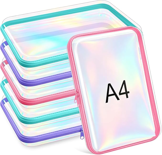 Sanwuta 6 Clear Hard Zipper Case,Holographic,12.6 X 9 X 2 Inch | Pencil Case Pouches ,Makeup Bag,Plastic Toiletry Diaper Bag ,Travel Toy Storage,Waterproof Organizer Bins by Sanwuta