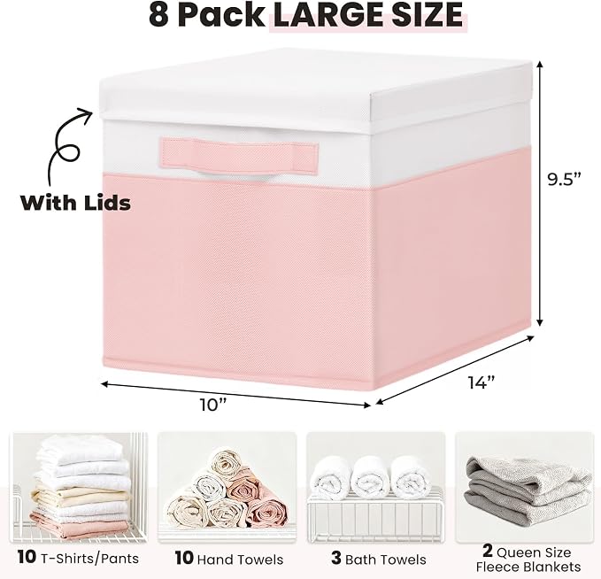 Large Closet Organizer Bins with Lids 8 Pack - Pink Storage Baskets for Shelves Nursery Bedroom Dorm RV - Stackable Decorative Closet Organization Box with Handles for Clothes Purse Blanket Towel - Image 4