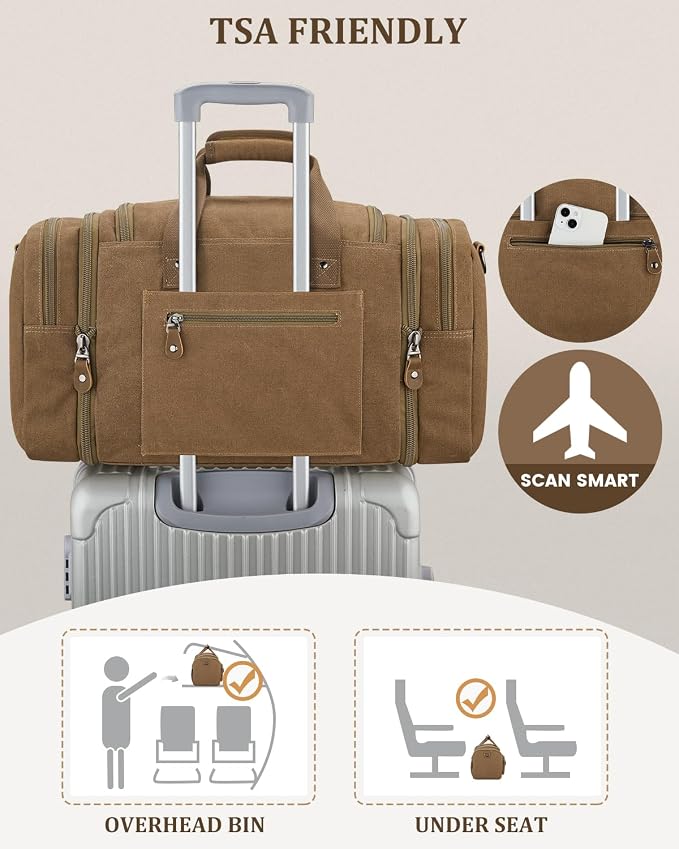 Gonex Duffle Bag for Travel, Expandable 50L Overnight Weekender Gym Bag | Water-Resistant Canvas, Wet-Dry Pocket, Luggage Sleeve, Carry-On Size, Detachable Strap, Coffee - Image 5