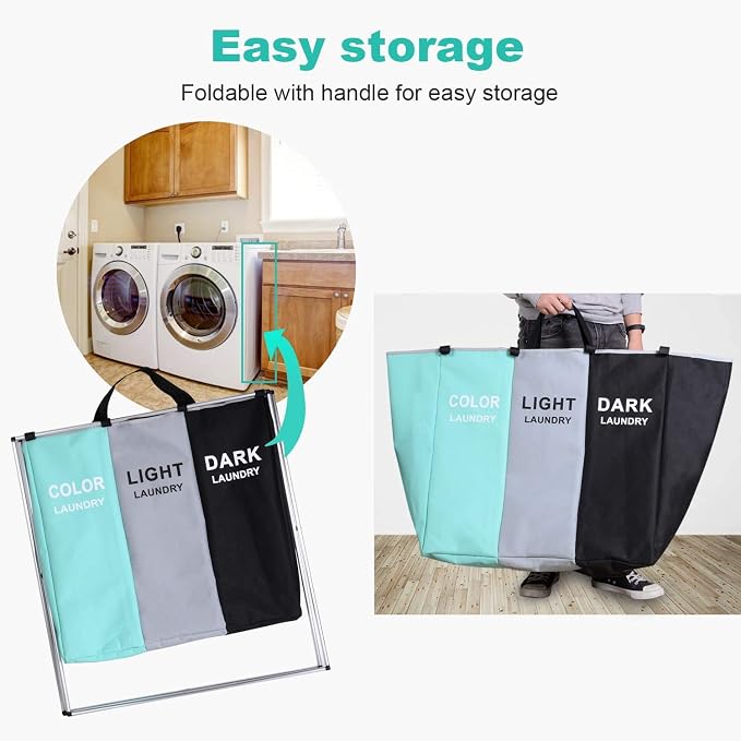 135L Laundry Cloth Hamper Sorter Basket Bin Foldable 3 Sections with Aluminum Frame 26''×24''H Washing Storage Dirty Clothes Bag for Bathroom Bedroom Home Storage basket (3 Liner, Green+grey+black) - Image 2