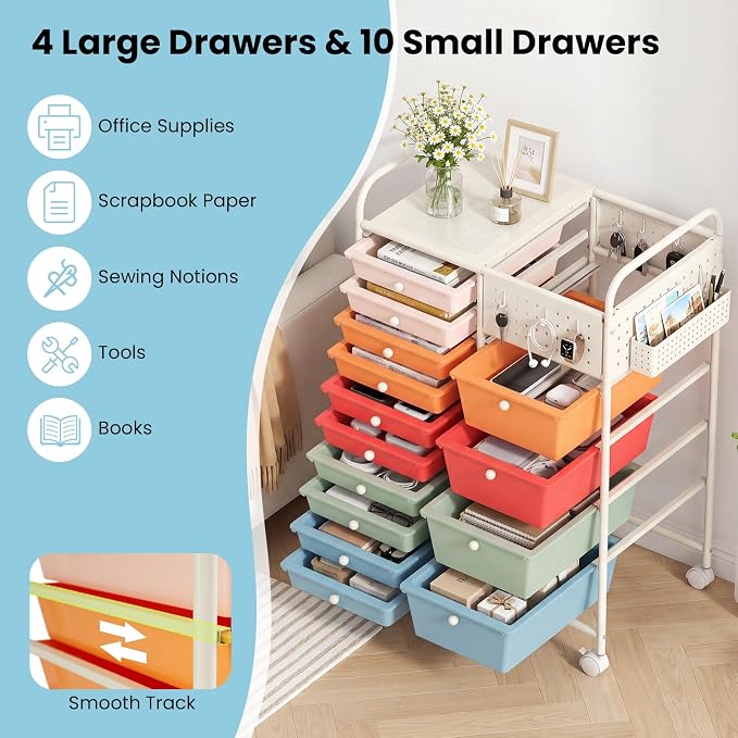 GOFLAME 14-Drawer Rolling Storage Cart with Pegboard, Craft Storage Cart with Lockable Wheels and Metal Frame, Art Cart Supply Storage Organizer for Home Office Classroom, Macaron Color - Image 4