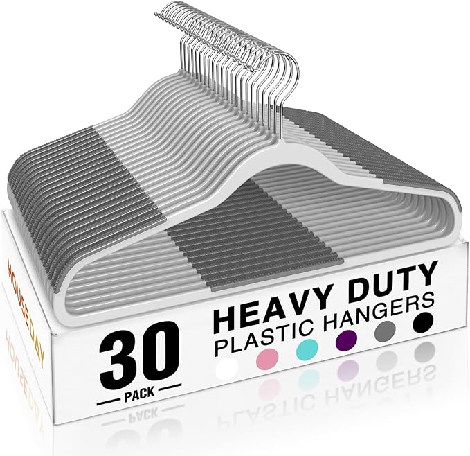 HOUSE DAY Non Slip Plastic Clothes Hangers 30 Pack with Rubber Pads, Grey | Space-Saving 0.2-Inch Slim Design; Heavy-Duty and 360° Swivel Hooks Keep Shirts, Coats, Suit, Blouse and Pants Organized by HOUSEDAY
