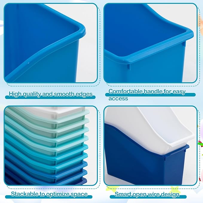 Geetery 12 Pcs Book Bin for Classroom with Labels Stackable Plastic Organizing Bins 11.5 x 5.4 x 7.5 in Book Holders Storage Bins Box Baskets for Classroom Library Home (Blue Color Scheme) - Image 3