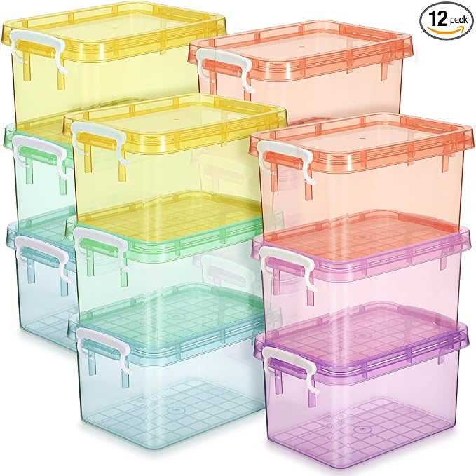 12 Pack Colorful Plastic Storage Bins with Lids 4 Quart Small Storage Latch Box Stackable and Nestable Clear Organizer Bins with Latching Handle and Buckle for Organizing (Colorful) by Wenqik