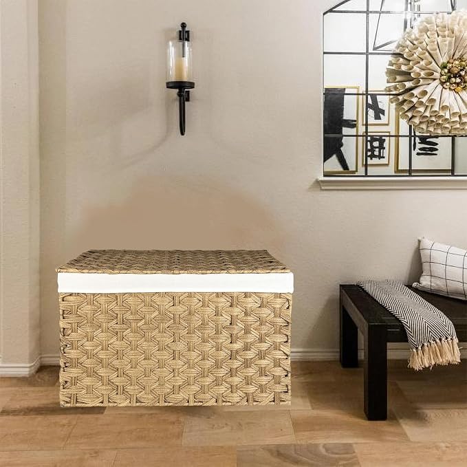 Wicker Storage Basket with Lid, 42.3 Gallon (160L) Large Blanket Basket with Lid, Woven Storage Bin with Handles, Removable Liner, Metal Frame, Foldable, for Bedroom, Laundry Room, Natural - Image 8