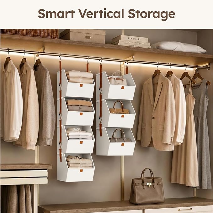 Collapsible Hanging Closet Organizer - 3 Tier Closet Shelves Storage System with Hooks, Fabric Hanging Storage Bins for Clothes, Foldable Storage Basket for Laundry, Bedroom, Rv, White - Image 5