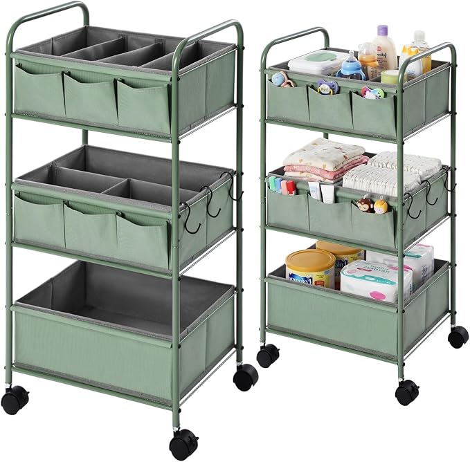 WILLBOND 3 Tier Green Baby Diaper Caddy Organizer Cart with 4+3 Dividers Large Capacity Metal Utility Bedside Rolling Cart Newborn Registry Nursery Essential Must Have Crib Bedroom Baby Shower by Willbond+Technology+Limited