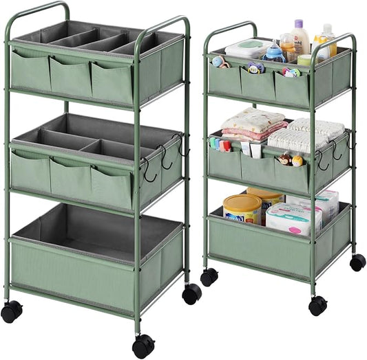 WILLBOND 3 Tier Green Baby Diaper Caddy Organizer Cart with 4+3 Dividers Large Capacity Metal Utility Bedside Rolling Cart Newborn Registry Nursery Essential Must Have Crib Bedroom Baby Shower by Willbond+Technology+Limited